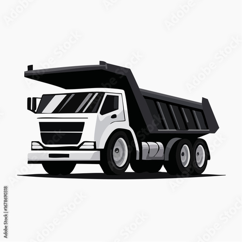 A graphic representation of a sturdy, white dump truck with black components, ready for heavy duty work