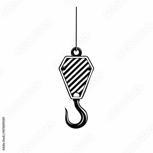 A monochrome illustration of a crane hook. The hook is suspended by a cable