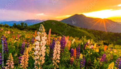 Fototapeta Naklejka Na Ścianę i Meble -  Colorful wildflowers in a mountain meadow at sunset