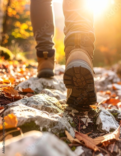 Close-up of hiking boots stepping on a rocky trail