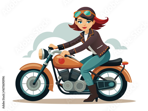 A woman with red hair and goggles rides a vintage motorcycle