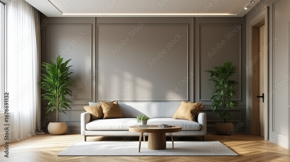 Fototapeta premium Neoclassical living room with wall moldings, cream sofa and plant