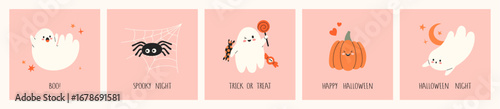 Hand drawn cards set of Halloween cute ghosts, pumpkins, spider, candies and lettering. Funny characters for holiday design. Cartoon flat elements for decoration, poster, prints, invitation
