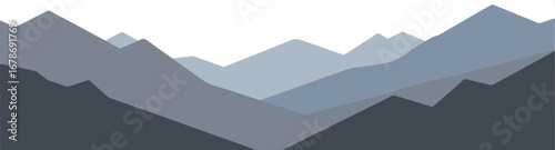 Serene layered mountain peaks in cool blue and grey tones create a calming modern landscape