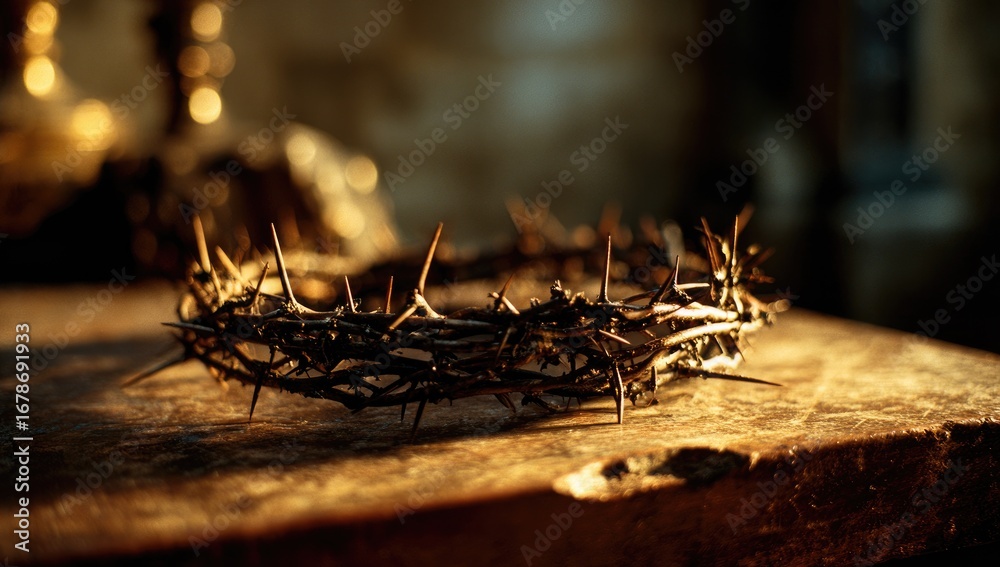Fototapeta premium Crown of thorns on weathered wooden surface, bathed in warm light