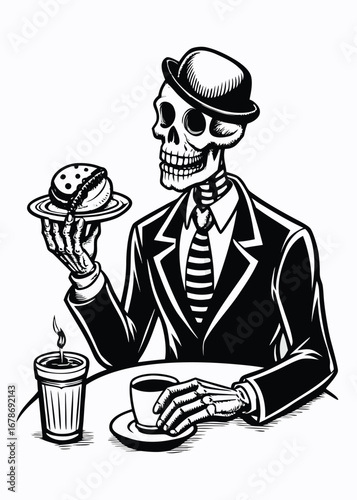 Skeleton in Suit Holding a Burger and Coffee with a Vintage Style