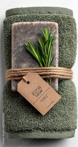Rolled dark olive green towel wrapped around a bar of dark gray-brown soap, tied with light brown twine and a small, natural-tone tag. Fresh sprigs of rosemary are nestled between the soap and towel