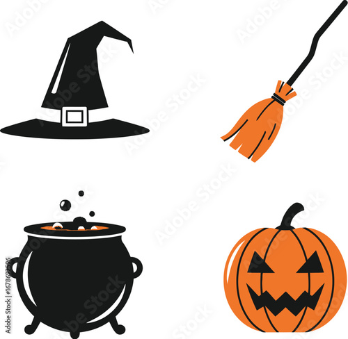 Halloween icons set featuring witch hat, broom, cauldron and pumpkin for holiday celebration and decoration