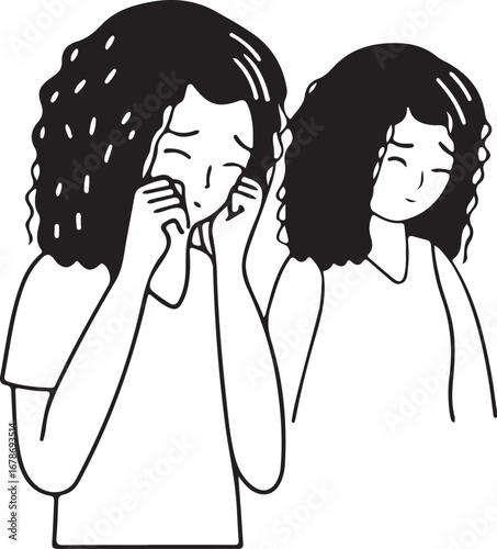 Two young women with curly hair crying and wiping tears from their eyes in a moment of sadness and emotional distress