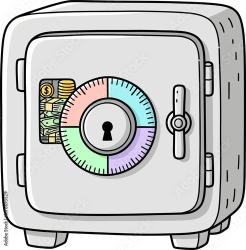 Cartoon illustration of a closed, secure safe with a combination dial, holding money and coins EPS/AI/PNG/JPEG
