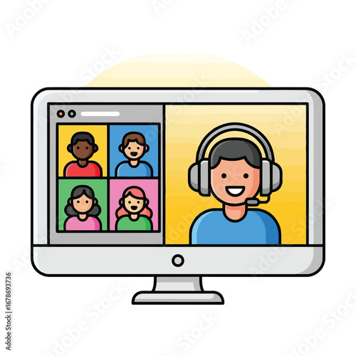Vector illustration of a computer screen displaying a video conference with four participants and one person wearing a headset