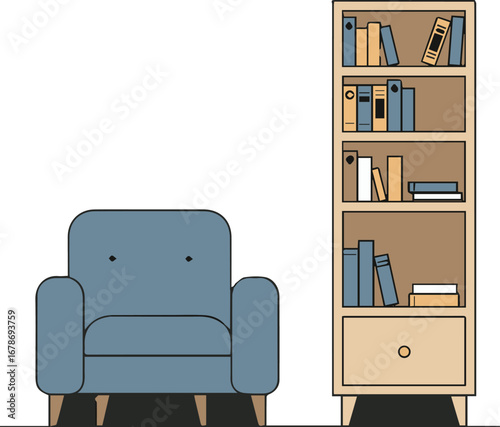 Cozy blue armchair beside a tall bookshelf filled with colorful books, perfect for reading nook inspiration