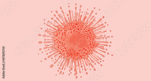 Vibrant red virus particle explodes with energy on soft pink background, science concept