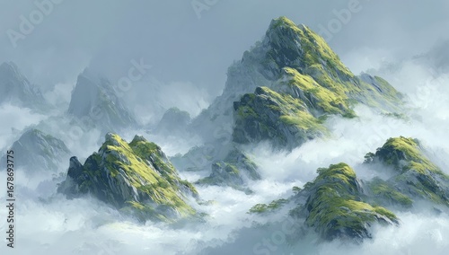 Misty mountain range, green slopes