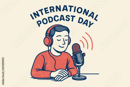 Retro style illustration of man wearing headphones speaking into microphone for International Podcast Day.  
