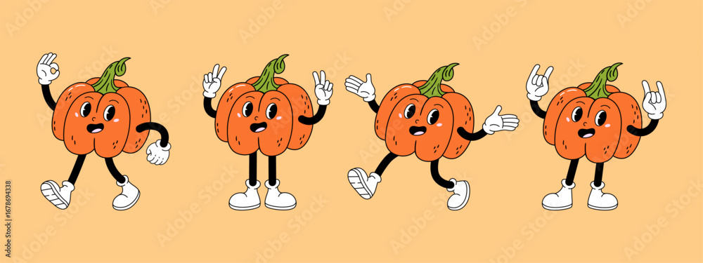 Fototapeta premium Set of funny pumpkin character in various poses. Hand drawn vector illustration in modern retro style.
