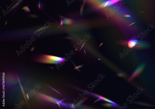 Transparent holographic confetti sparkles fall in a dynamic and colorful display. The glitter particles catch and reflect light with rainbow hues. Ideal for festive backgrounds and party visuals.
