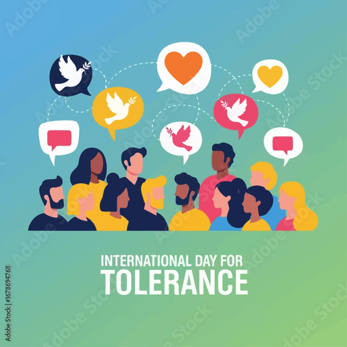 Modern flat vector design of people exchanging ideas with speech bubbles shaped like hearts and doves, symbolizing understanding and respect, International Day for Tolerance poster