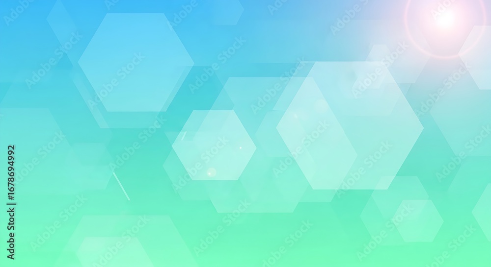 Obraz premium Soft blue and green gradient background with translucent hexagonal shapes and light flare