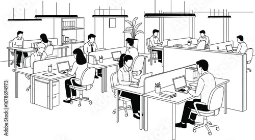 Modern office buzz with professionals focused on laptops, collaborating in bright, open workspaces.