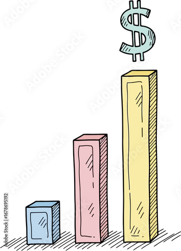Hand-drawn bar graph showing growth, with a dollar sign floating above the highest bar, indicating financial success EPS/AI/PNG/JPEG