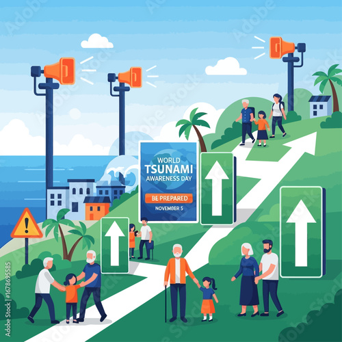 Modern flat vector illustration of a coastal community with tsunami warning sirens, arrows pointing to evacuation routes, people helping each other, World Tsunami Awareness Day awareness poster