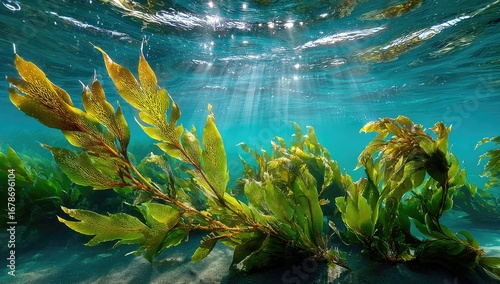 Underwater kelp forest, vibrant greens and yellows, sunbeams piercing the surface