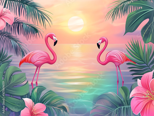 Summer holidays banner with two flamingos against the background of the sea, sun and the leaves of a palm tree and tropical flowers. Beautiful pink flamingo bird standing in sea water on color backgro