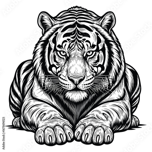 Vector illustration of a detailed black and white illustration of a tiger lying down, facing forward with intense eyes