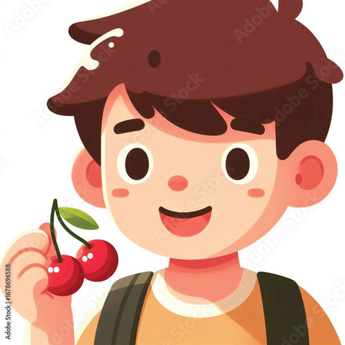 a boy eats a cherry