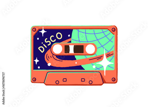 Retro mix tape with disco music. Audio cassette with records for party. Design of mixtape with songs for discotheque. Vintage audiocassette template. Flat isolated vector illustration on white