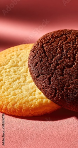Two round cookies, one light yellow, one dark brown, overlapping, on a pink surface