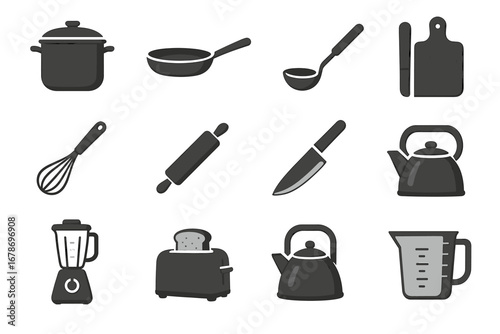 Kitchen utensils and appliances set: pots, pans, knives, and more