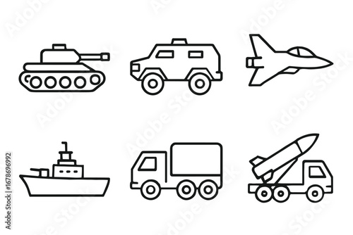 Military vehicle icons: tank, armored car, jet, warship, truck, missile