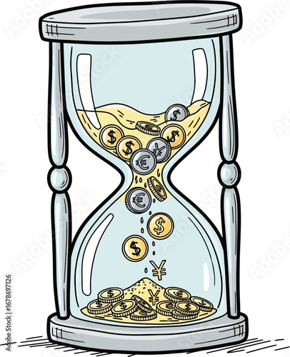An hourglass with money flowing through, symbolizing the fleeting nature of wealth EPS/AI/PNG/JPEG