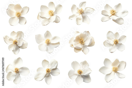 Collection of twelve delicate white jasmine flowers isolated on transparent background. White magnolia flowers isolated on white background.
