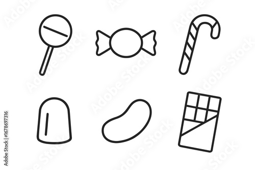 Outline icons of various candy types: lollipop, candy cane, chocolate bar, sweets