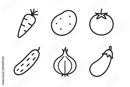 Outline icons of carrot, potato, tomato, cucumber, onion, and eggplant