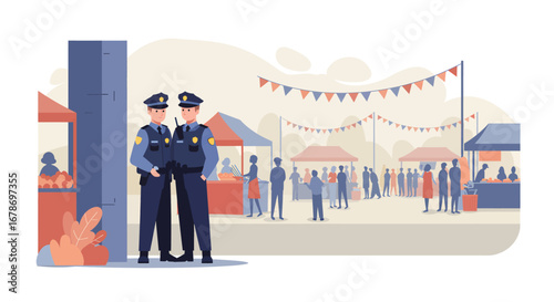 Group of police officers standing together at city event parade illustration
