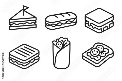 Outline icons of sandwiches, wrap, and toast with linear style