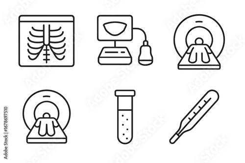 Medical diagnostic icons: x-ray, ct scan, test tube, thermometer