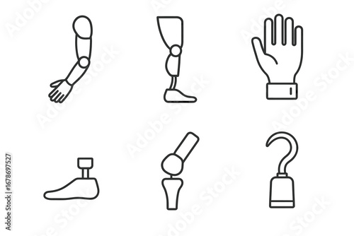 Collection of prosthetic limb illustrations: arm, leg, hand, foot, and hook designs