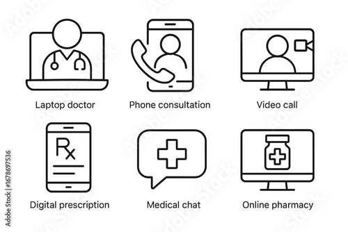 Telemedicine icons: laptop doctor, phone consultation, video call, digital prescription, medical chat, online pharmacy