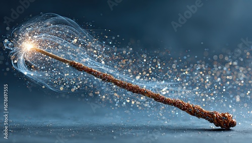 A magical wand streaks through a misty, glittering, dark background