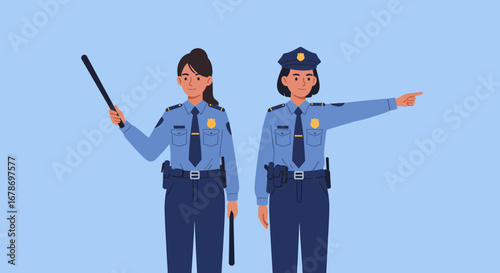 Two policewomen holding batons standing together illustration
