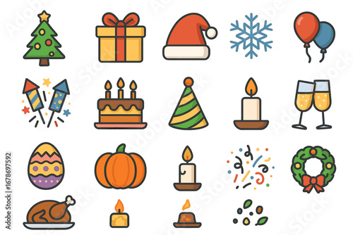 Festive holiday icons: christmas, new year, thanksgiving, and birthday elements