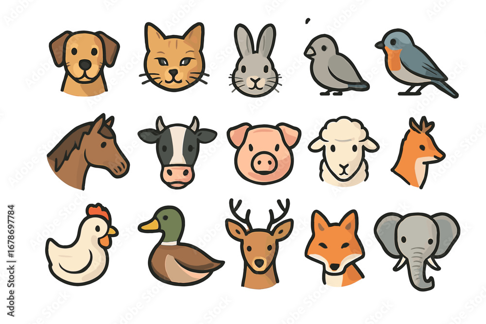 Fototapeta premium Array of cute animal faces: dog, cat, rabbit, bird, and more