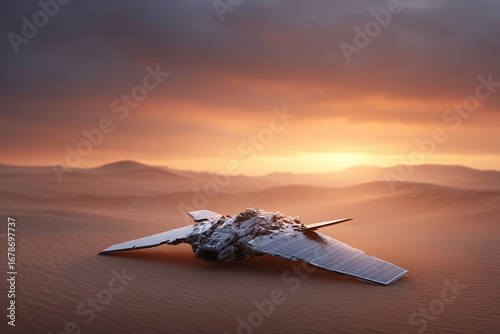 Fototapeta Naklejka Na Ścianę i Meble -  Futuristic spaceship rests in a vast desert at sunset. Evokes themes of exploration, survival,  technology. Great for scifi, environmental or technological design.