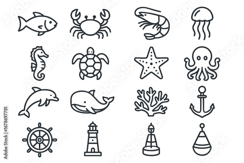 Minimalist marine life icons featuring fish, crustaceans, mammals, and nautical elements