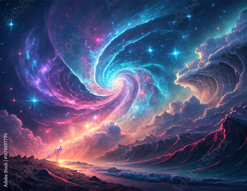 Vibrant cosmic energy waves, galaxy inspired abstract light patterns, futuristic space digital background